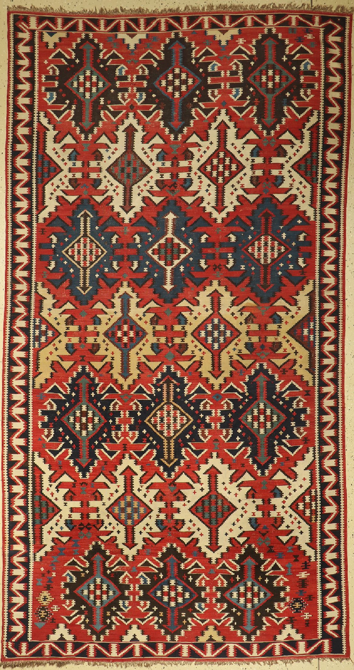 Antiker Kuba Kelim, Schirwan, Kaukasus, 19.Jhd, Wolle auf Wolle, ca. 330 x 176 cm, EHZ:(Guter Zustand)