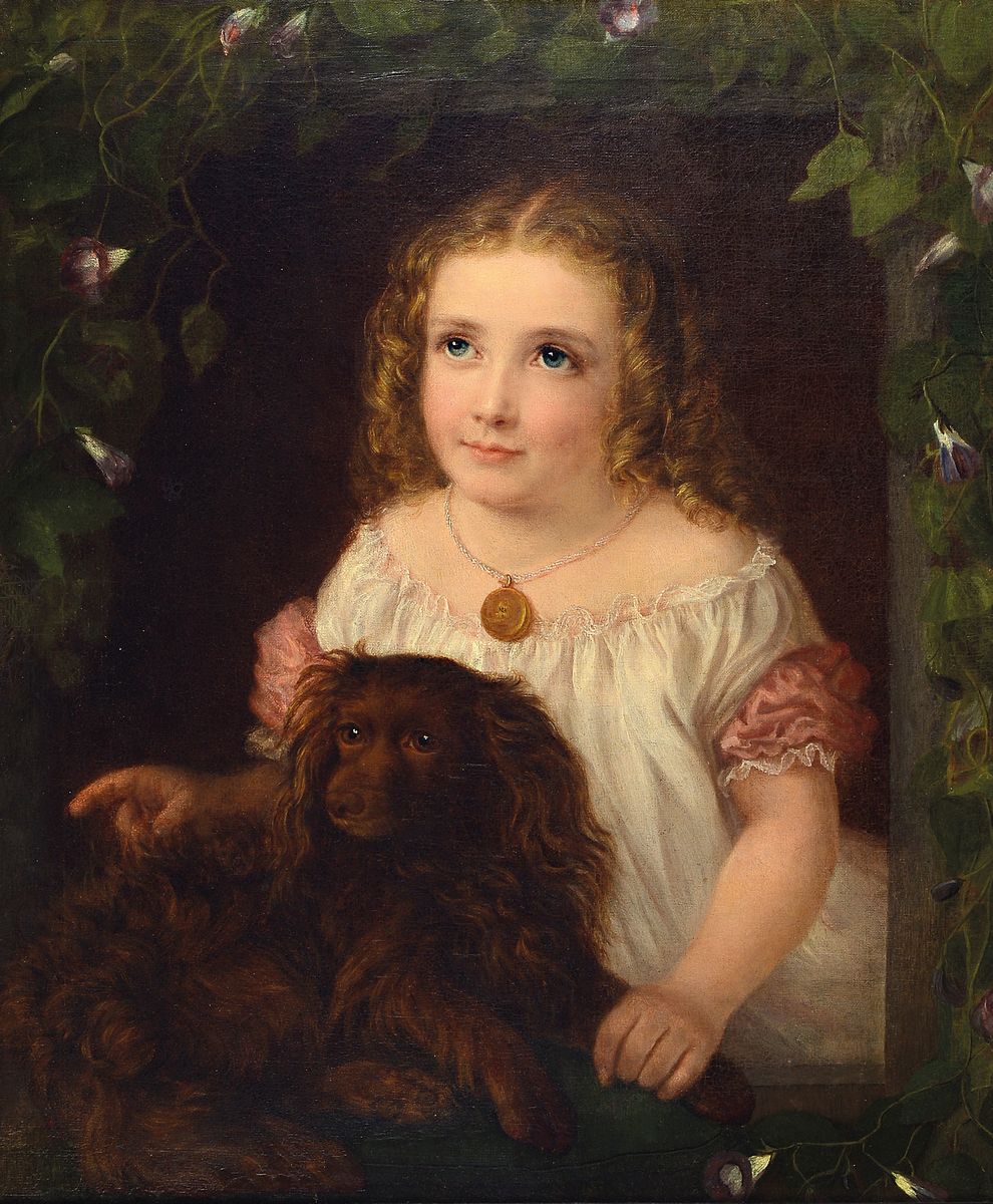 Unbekannter Künstler, spätes 19. Jh., Mädchen mit braunem Cocker Spaniel, illusionistisch von Fensterausschnitt und blau blühender ...