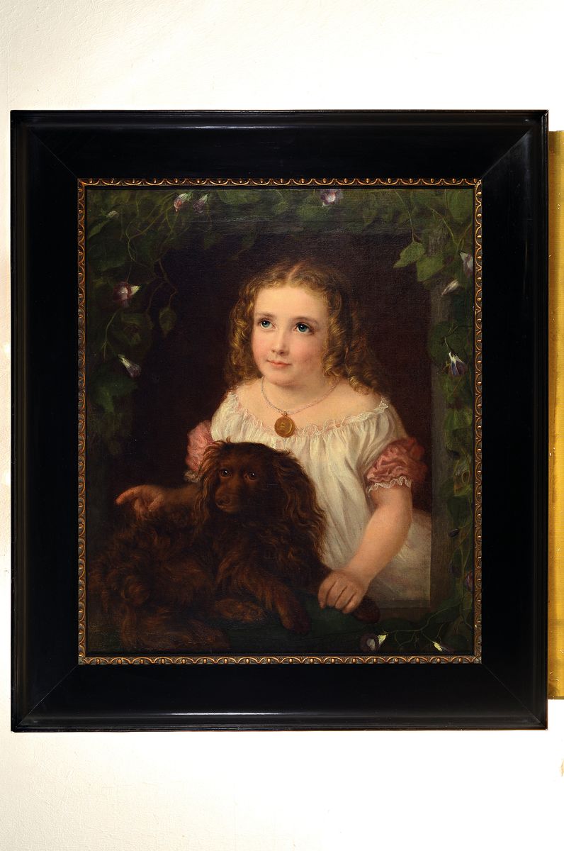 Detail k: Unbekannter Künstler, spätes 19. Jh., Mädchen mit braunem Cocker Spaniel, illusionistisch von Fensterausschnitt und blau blühender ...
