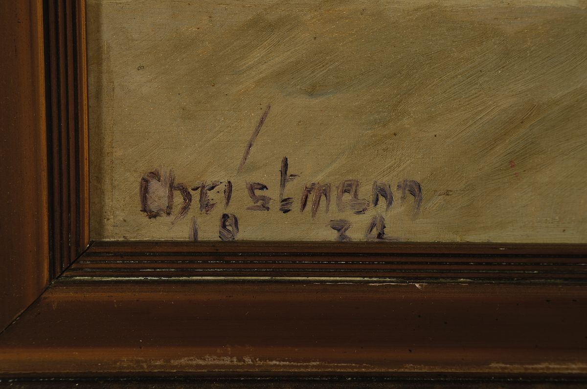 Detail a: Toni Christmann, geb. 1899 Kusel, Obststillleben mit Glas und Kanne, Öl/Pappe, links unten signiert und datiert (19)31 ca. 40x50cm/54x64cm, Rahmen