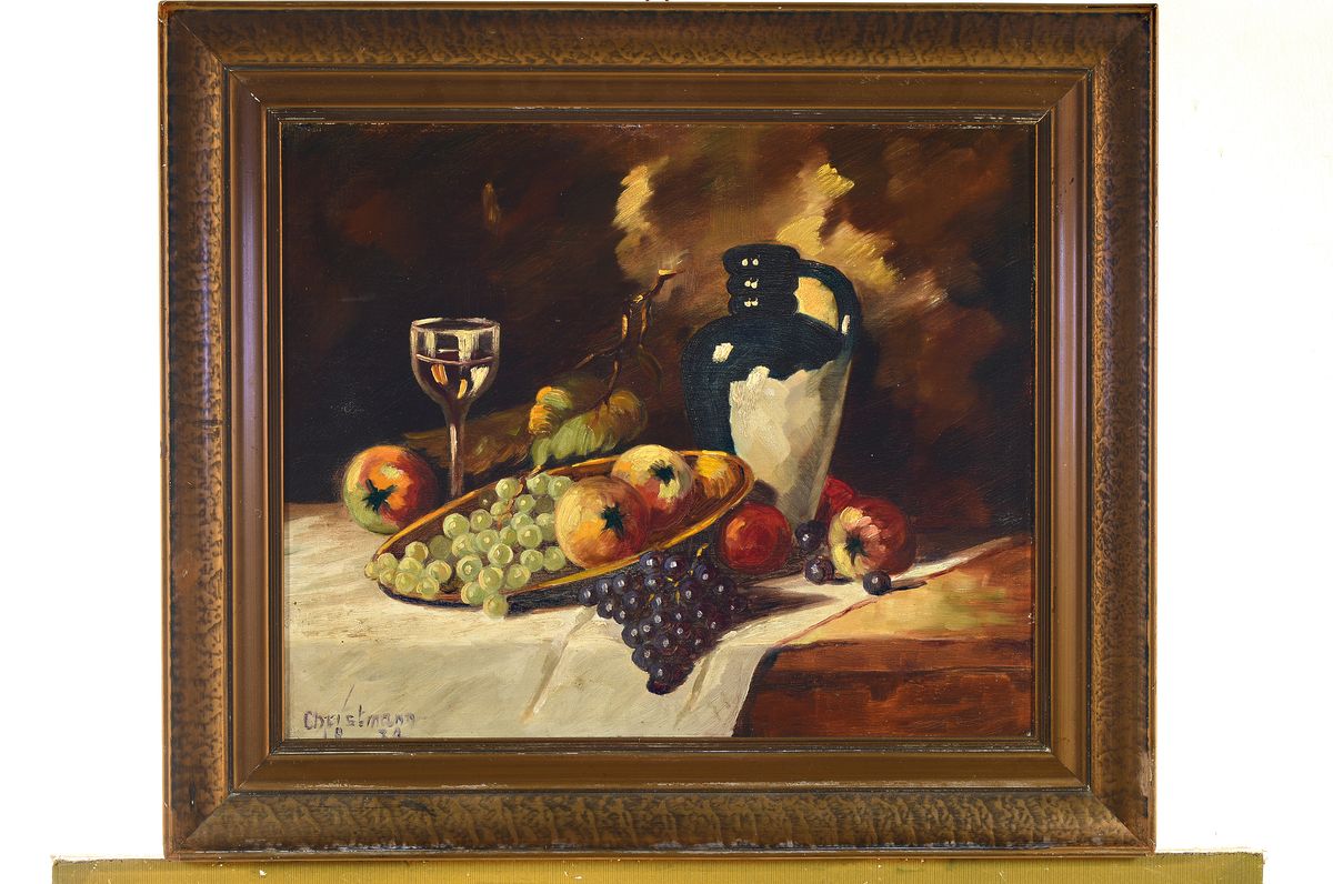 Detail k: Toni Christmann, geb. 1899 Kusel, Obststillleben mit Glas und Kanne, Öl/Pappe, links unten signiert und datiert (19)31 ca. 40x50cm/54x64cm, Rahmen