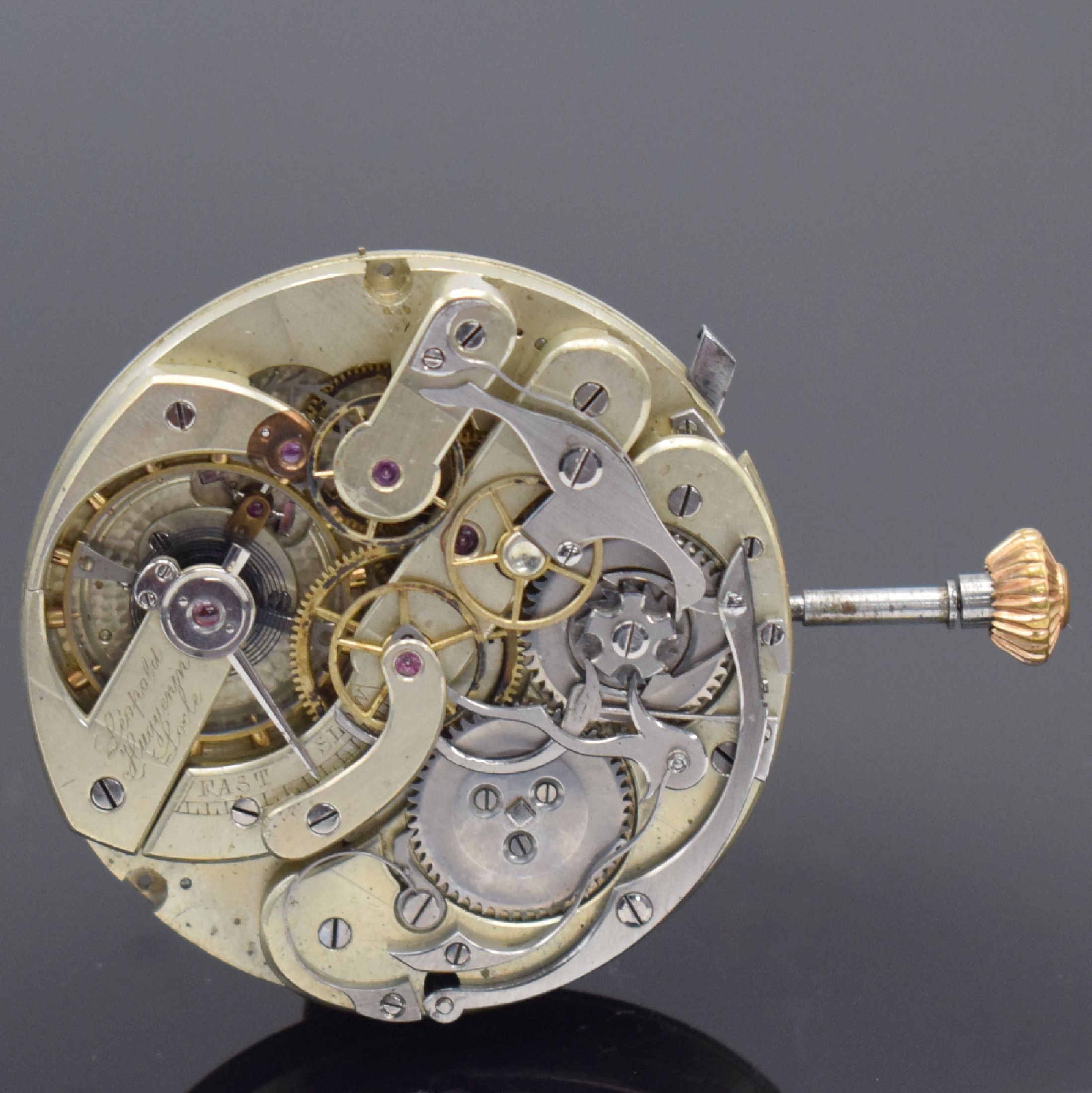 HUGUENIN Leopold Locle Chronograph seltenes Taschenuhrwerk in gehobener Qualität, Schweiz um 1890, Nickel-Klobenankerwerk mit großer Komp.-Unruh, ...