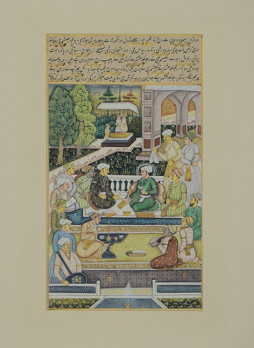 Detail a: Zwei Buchmalereien, indo-persisch, um 1870-80, Gouache auf Papier, zwei Palastszenen, Passepartout, unter Glas gerahmt, jeweils ca. 28x16cm/40x50cm