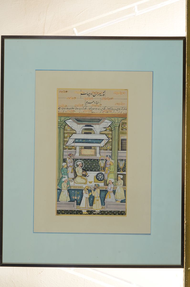 Detail k: Zwei Buchmalereien, indo-persisch, um 1870-80, Gouache auf Papier, zwei Palastszenen, Passepartout, unter Glas gerahmt, jeweils ca. 28x16cm/40x50cm