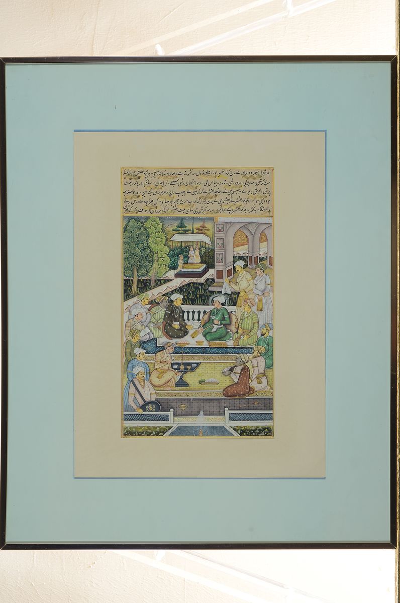 Detail l: Zwei Buchmalereien, indo-persisch, um 1870-80, Gouache auf Papier, zwei Palastszenen, Passepartout, unter Glas gerahmt, jeweils ca. 28x16cm/40x50cm