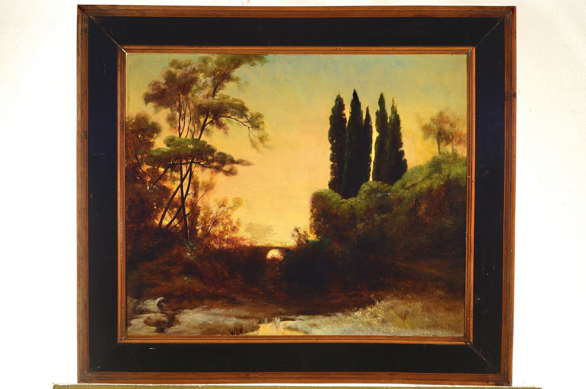 Detail k: Unbekannter Künstler, um 1870, ideale romantische Flusslandschaft mit Brücke im Sonnenuntergang, Öl/Lwd, rechts unten unleserlich signiert, leicht ...