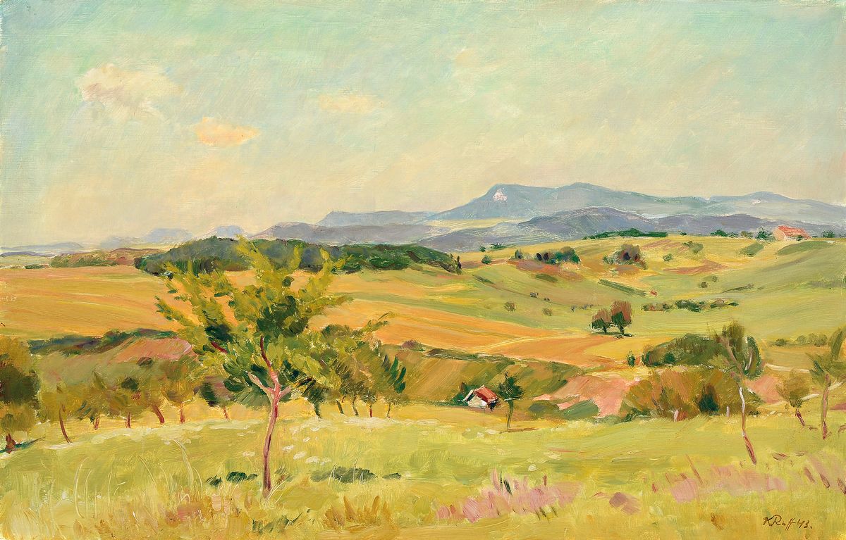 Konrad Ruff, 1895-1945, Hechninger Maler, Hohenzollern Kreis, hier: Alblandschaft mit Gehöft, Öl/Lwd, rechts unter signiert und datiert (19)43, ca. ...