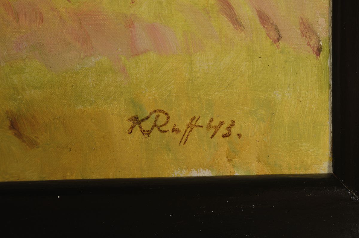 Detail a: Konrad Ruff, 1895-1945, Hechninger Maler, Hohenzollern Kreis, hier: Alblandschaft mit Gehöft, Öl/Lwd, rechts unter signiert und datiert (19)43, ca. ...