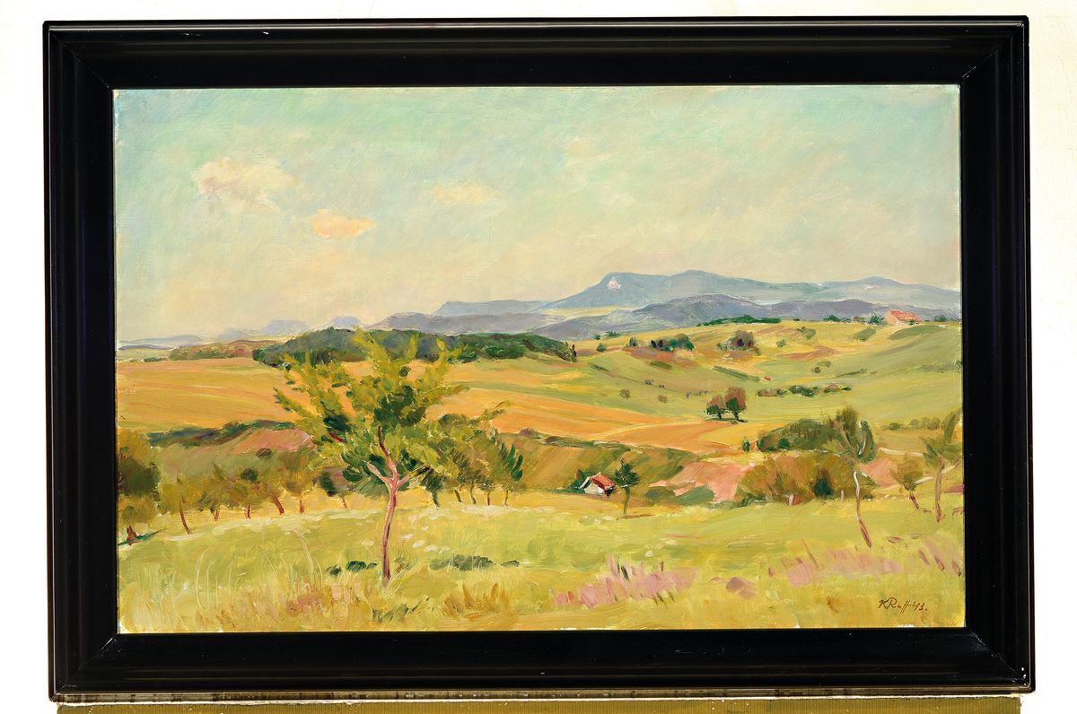 Detail k: Konrad Ruff, 1895-1945, Hechninger Maler, Hohenzollern Kreis, hier: Alblandschaft mit Gehöft, Öl/Lwd, rechts unter signiert und datiert (19)43, ca. ...