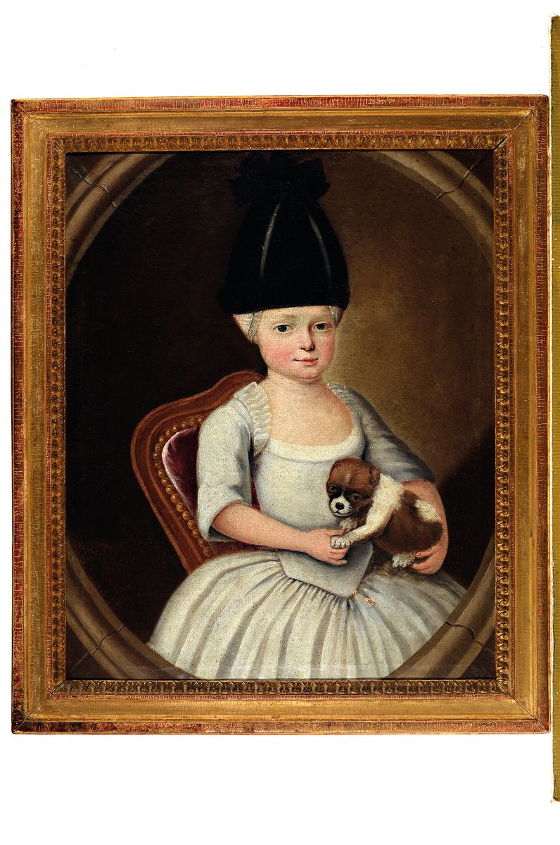 Detail k: Unbekannter Künstler des 18. Jh., Mädchen mit markanter Haube und Hundewelpe, Darstellung in illusionistischen Rahmen gesetzt, Öl/Lwd, unsigniert, ...
