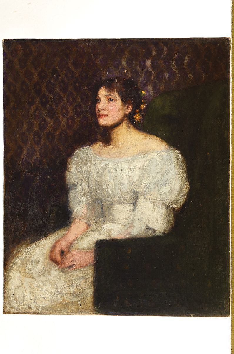 Detail k: Ernest George Beach, 1865 London - 1934, Porträt einer junger Frau in weissem Festgewand, grüner Sessel und rautenförmig staffierte Tapete, gute ...
