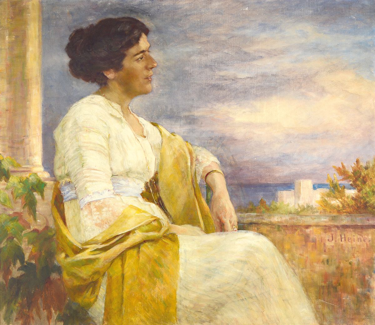 Julie Heine, 1855-1935, junge Frau vor südlicher Landschaft, gute Stofflichkeit, klassizistische Tendenz typ. für die Zeit um 1920, Öl/Lwd, rechts ...