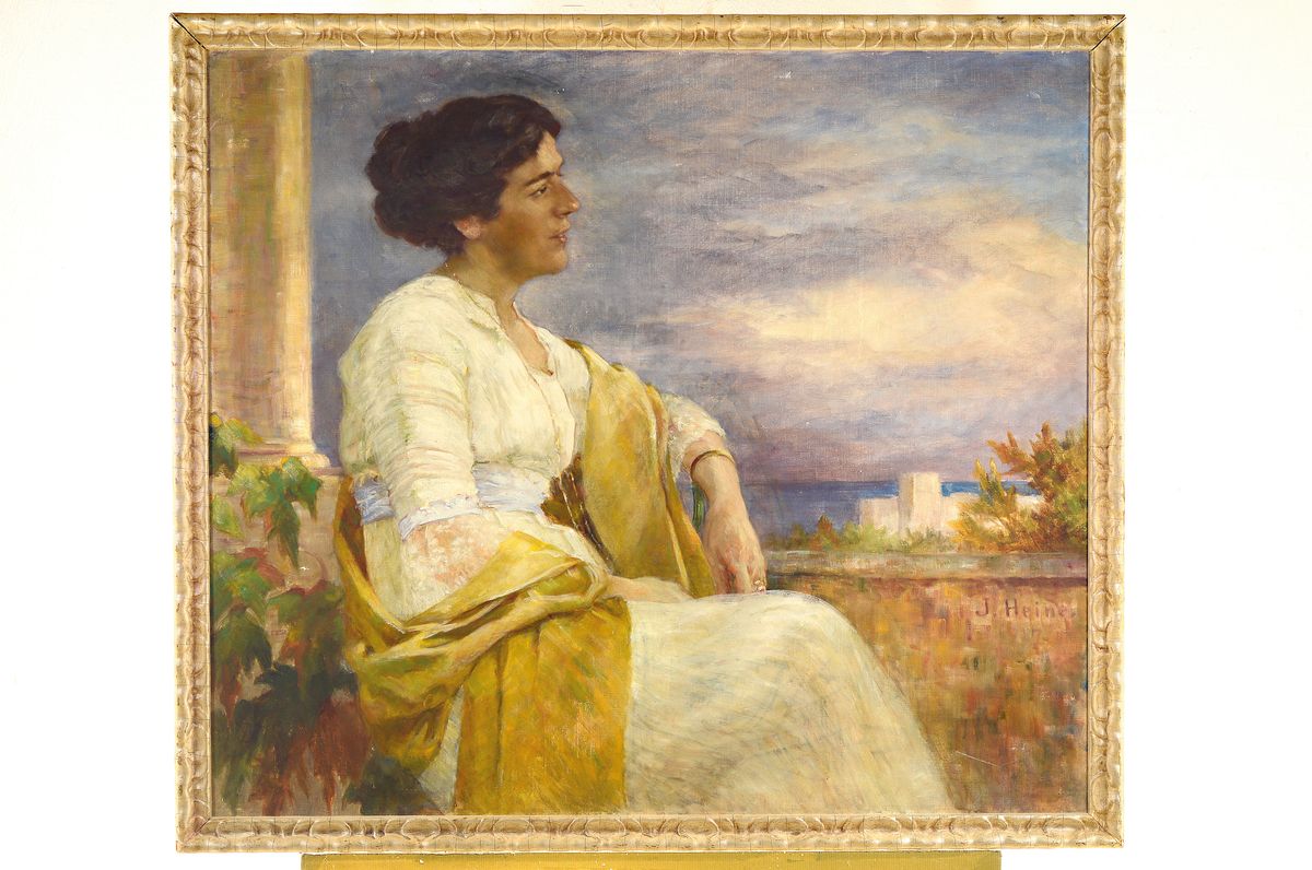 Detail k: Julie Heine, 1855-1935, junge Frau vor südlicher Landschaft, gute Stofflichkeit, klassizistische Tendenz typ. für die Zeit um 1920, Öl/Lwd, rechts ...