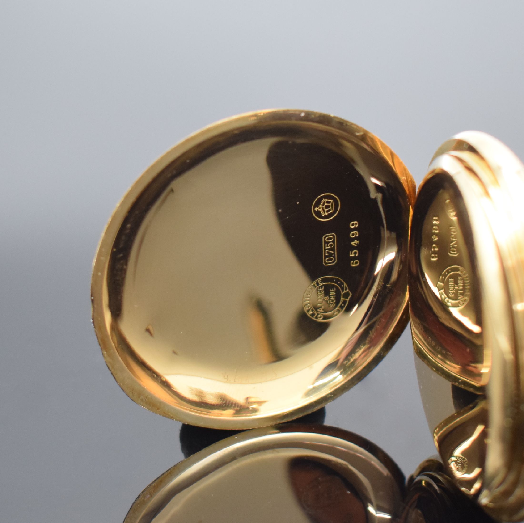 Detail b: A. LANGE & SÖHNE offene 1A Herrentaschenuhr in GG 750/000, Deutschland um 1910, glattes 2-Deckel-Goldgeh. l. dell., 2-tlg. Emailzifferbl. rest., ...
