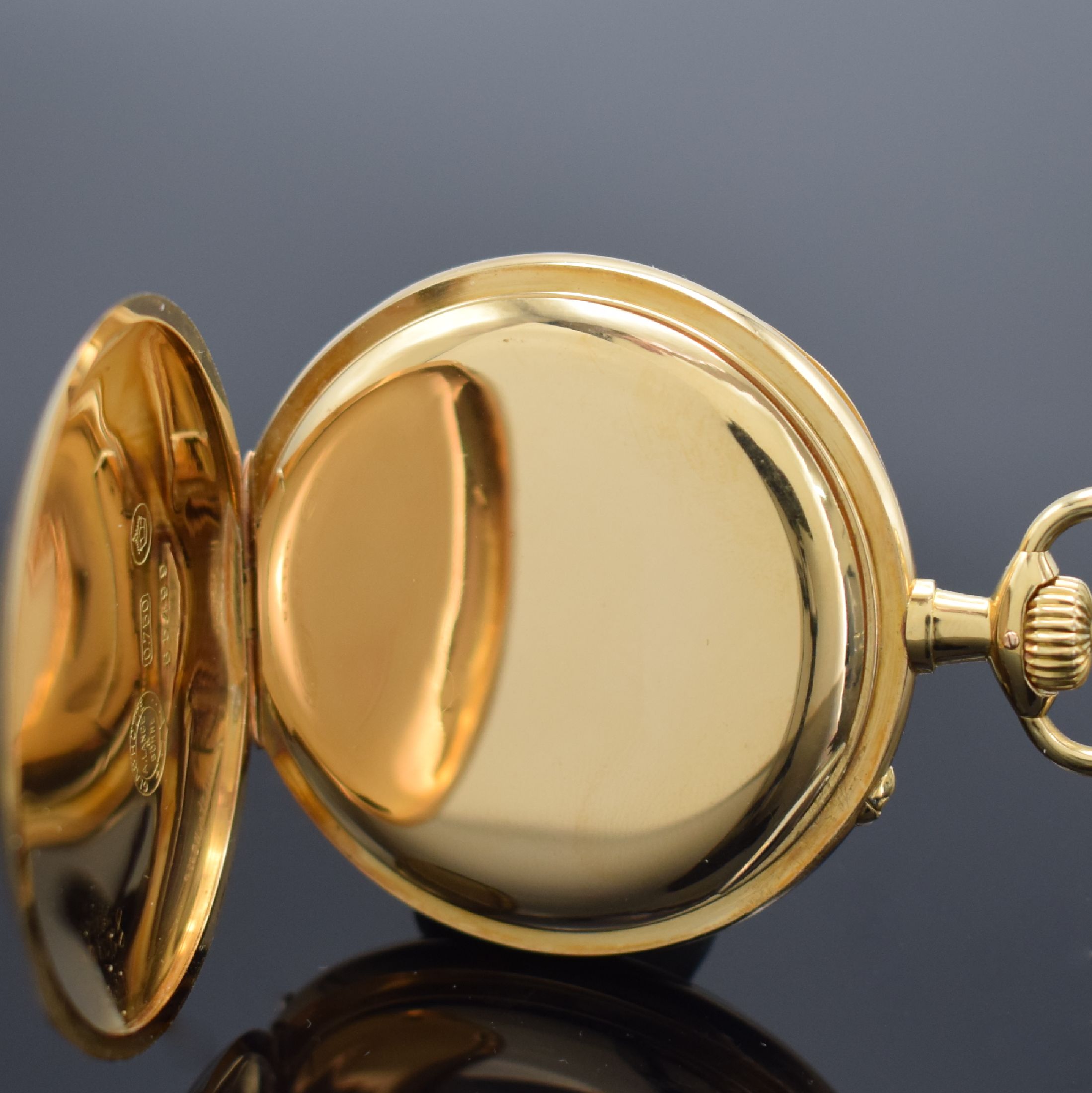 Detail c: A. LANGE & SÖHNE offene 1A Herrentaschenuhr in GG 750/000, Deutschland um 1910, glattes 2-Deckel-Goldgeh. l. dell., 2-tlg. Emailzifferbl. rest., ...