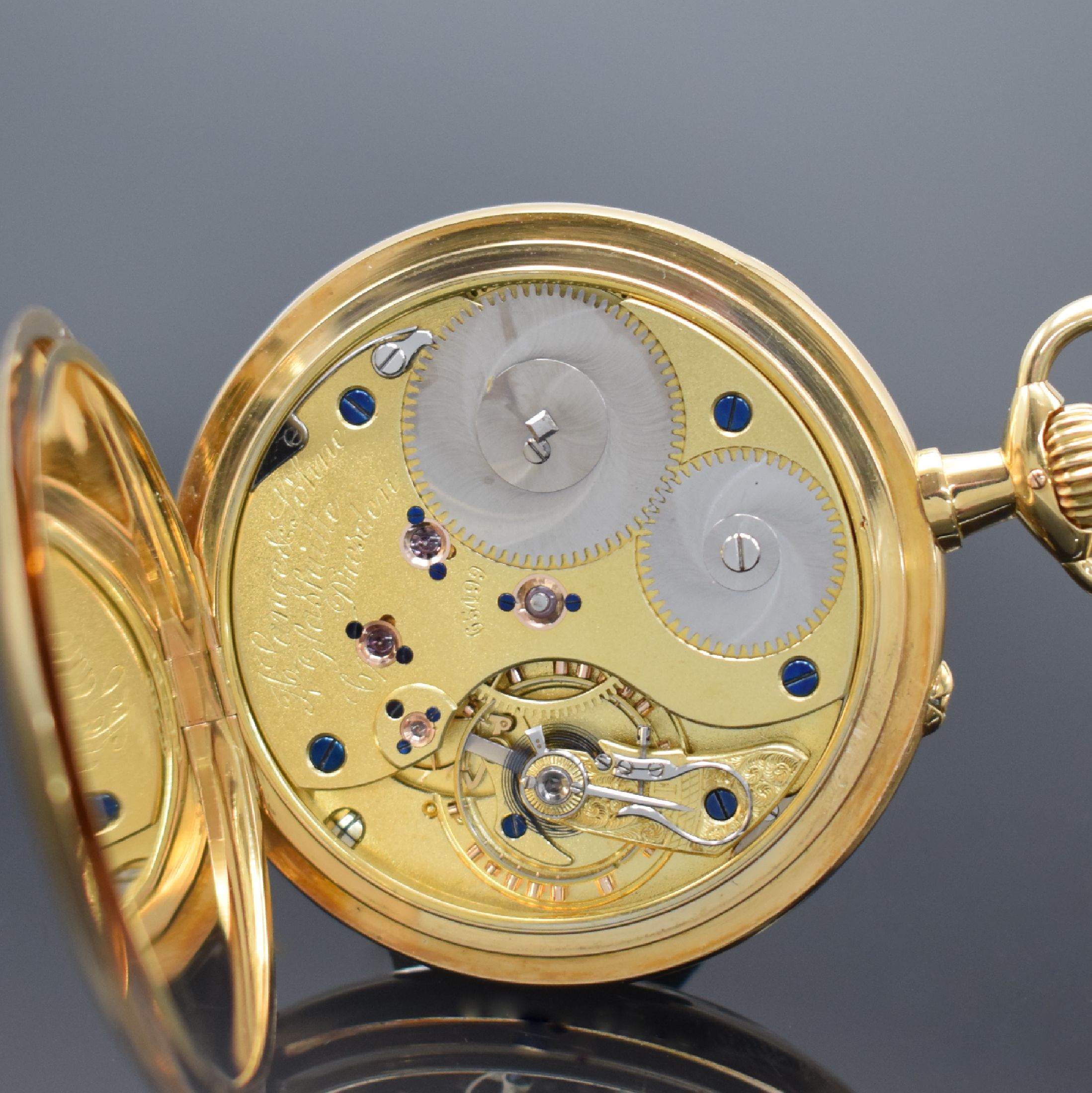 Detail e: A. LANGE & SÖHNE offene 1A Herrentaschenuhr in GG 750/000, Deutschland um 1910, glattes 2-Deckel-Goldgeh. l. dell., 2-tlg. Emailzifferbl. rest., ...