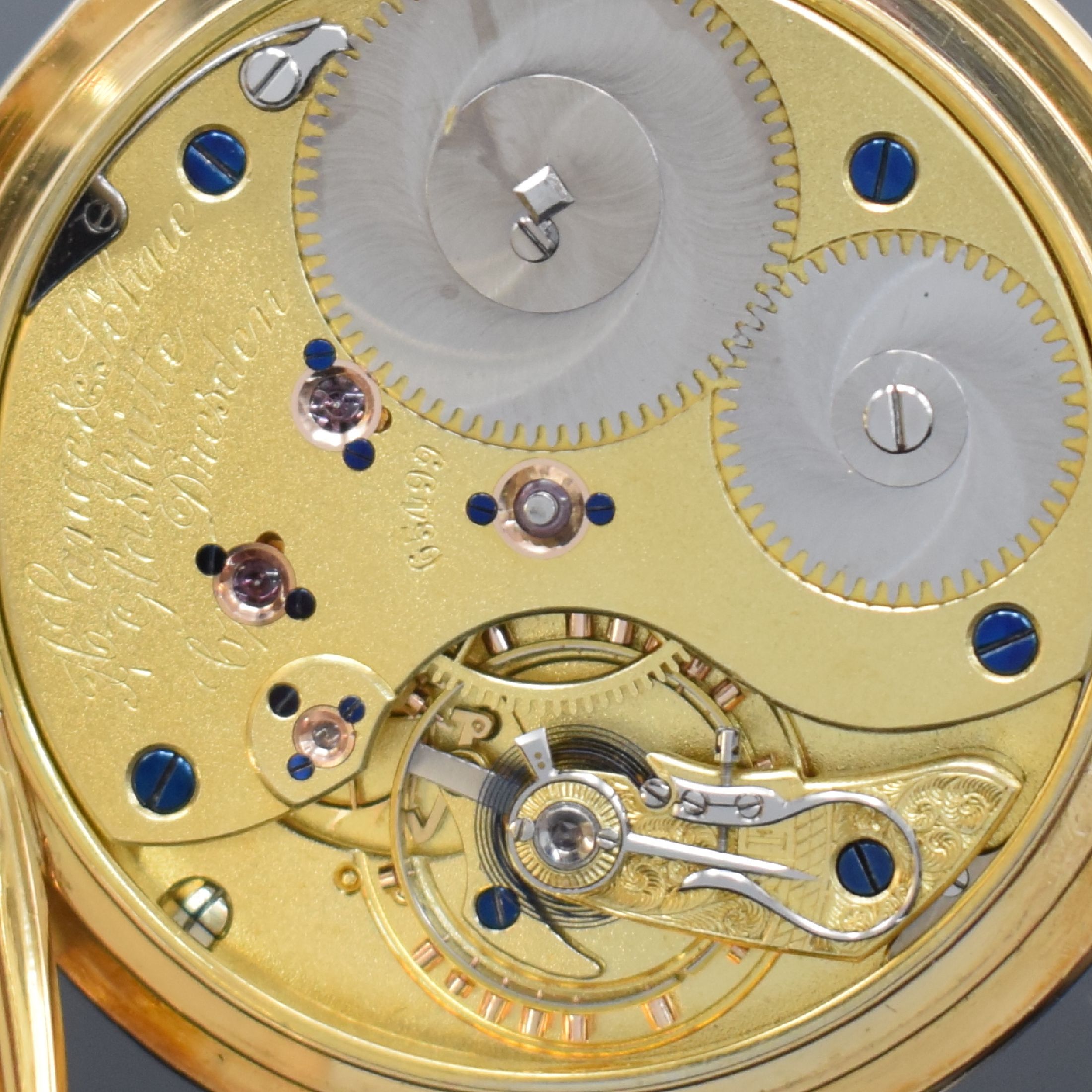 Detail f: A. LANGE & SÖHNE offene 1A Herrentaschenuhr in GG 750/000, Deutschland um 1910, glattes 2-Deckel-Goldgeh. l. dell., 2-tlg. Emailzifferbl. rest., ...