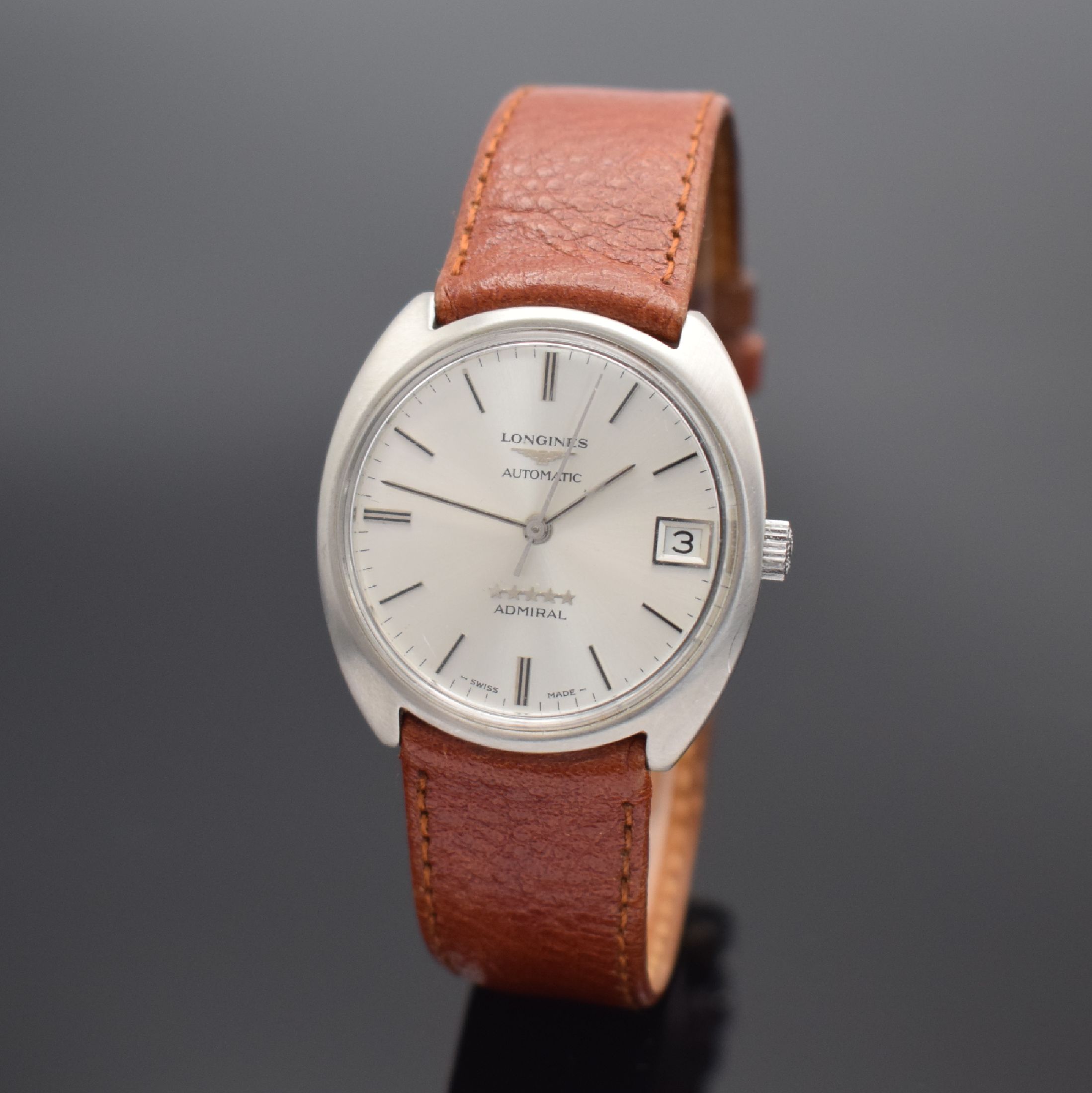LONGINES Admiral Herrenarmbanduhr in Stahl, Schweiz um 1965, Automatik, Ref. 3007-1, Monocoque-Geh., silb. Zifferbl. mit aufges. silb. Indexen, silb. ...