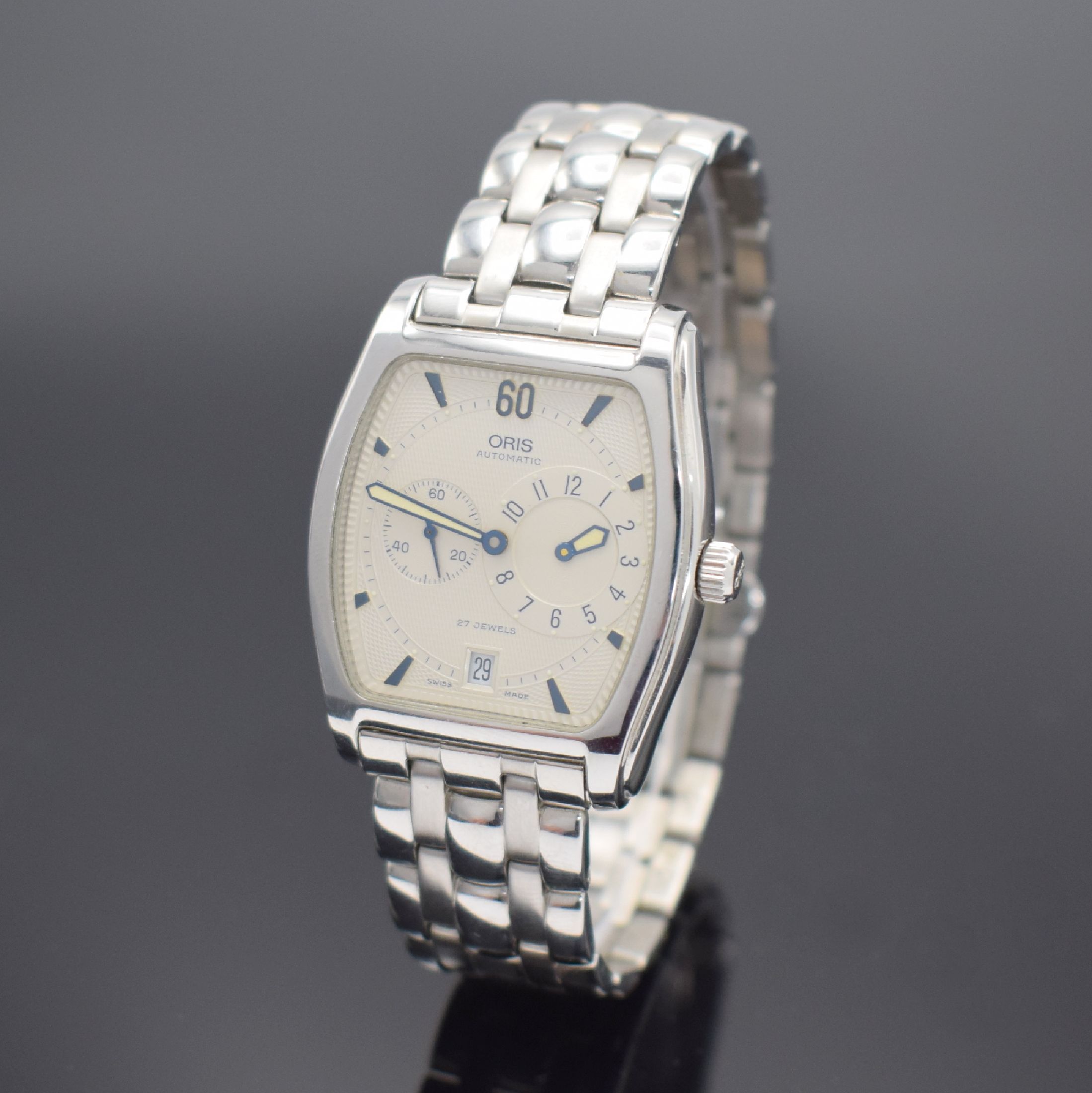 ORIS Regulateur Herrenarmbanduhr Referenz 7471, Automatik, Schweiz um 1995, tonneauförmiges Edelstahlgeh. inkl. orig. Gliederband m. dopp. ...