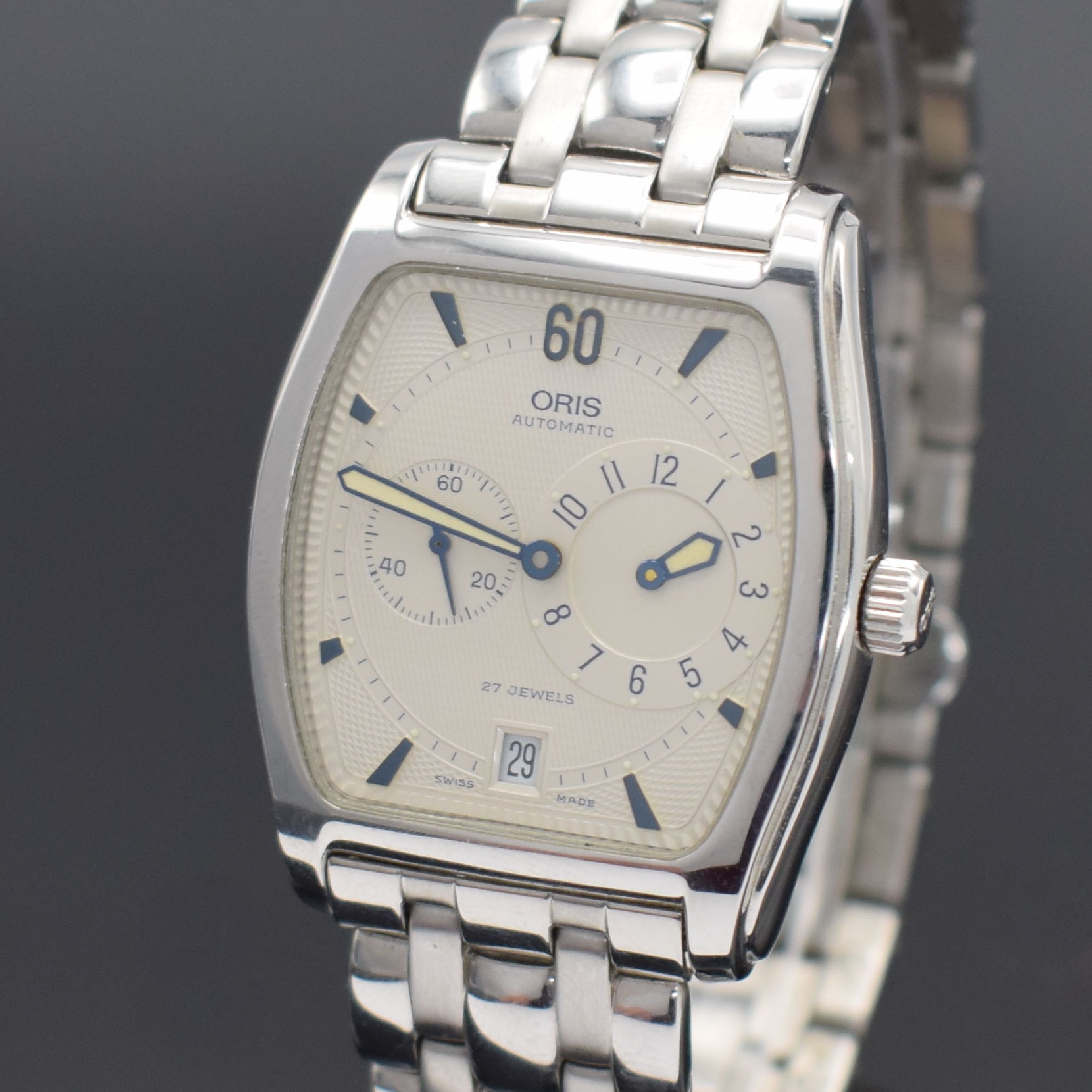 Detail a: ORIS Regulateur Herrenarmbanduhr Referenz 7471, Automatik, Schweiz um 1995, tonneauförmiges Edelstahlgeh. inkl. orig. Gliederband m. dopp. ...
