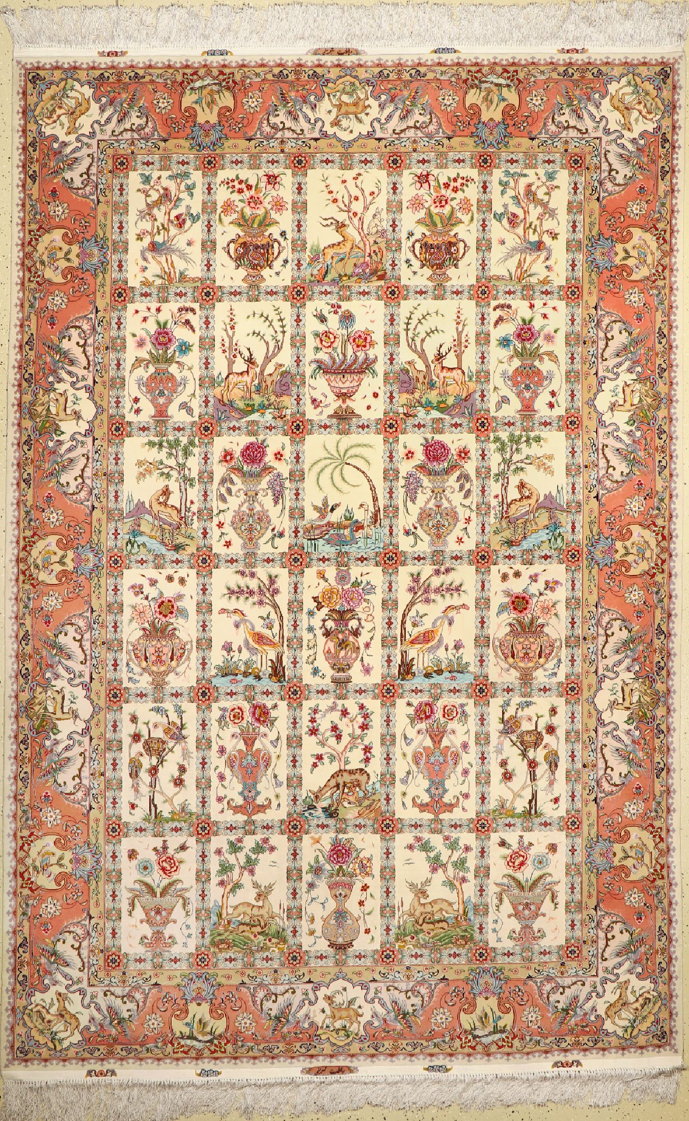 Täbriz fein(50Raj), signiert, Persien, ca. 40 Jahre, Korkwolle mit und auf Seide, ca. 300x 202 cm, ca. 500.000 Kn/qm, EHZ:(Sehr guter Zustand)