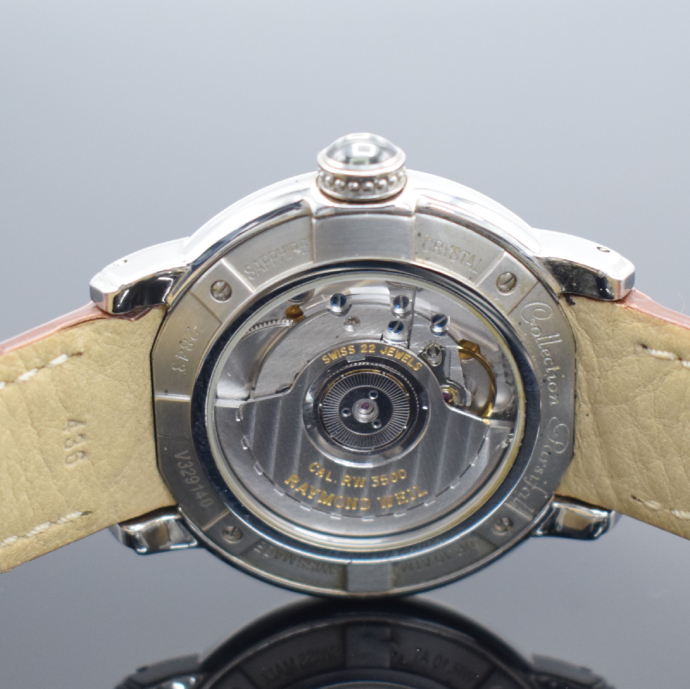 Detail d: RAYMOND WEIL Herrenarmbanduhr Serie Parsifal Referenz 2843, Automatik, Edelstahlgeh. inkl. orig. Lederband m. Faltschl., beids. vergl., Boden 4-fach ...