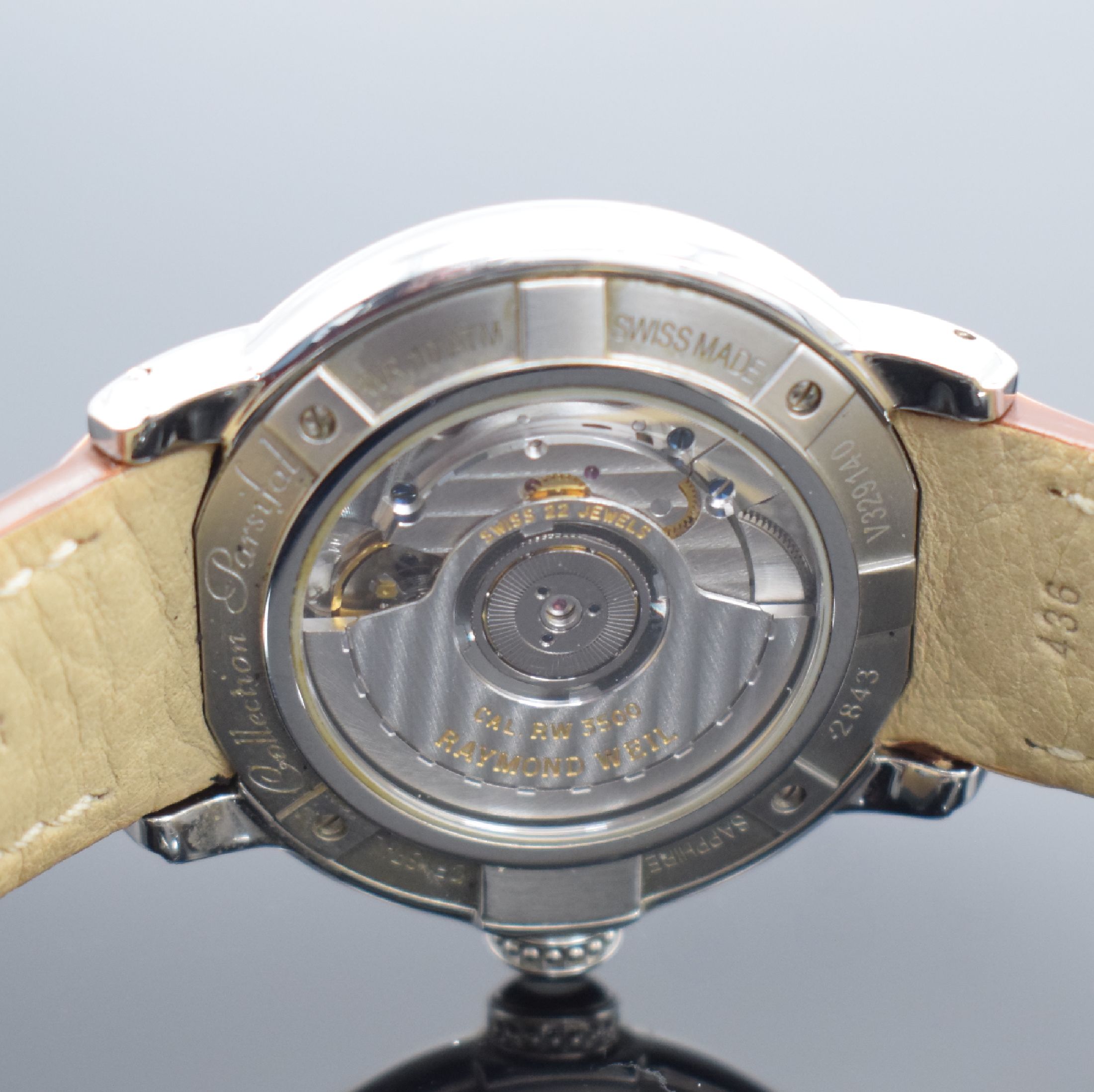 Detail e: RAYMOND WEIL Herrenarmbanduhr Serie Parsifal Referenz 2843, Automatik, Edelstahlgeh. inkl. orig. Lederband m. Faltschl., beids. vergl., Boden 4-fach ...