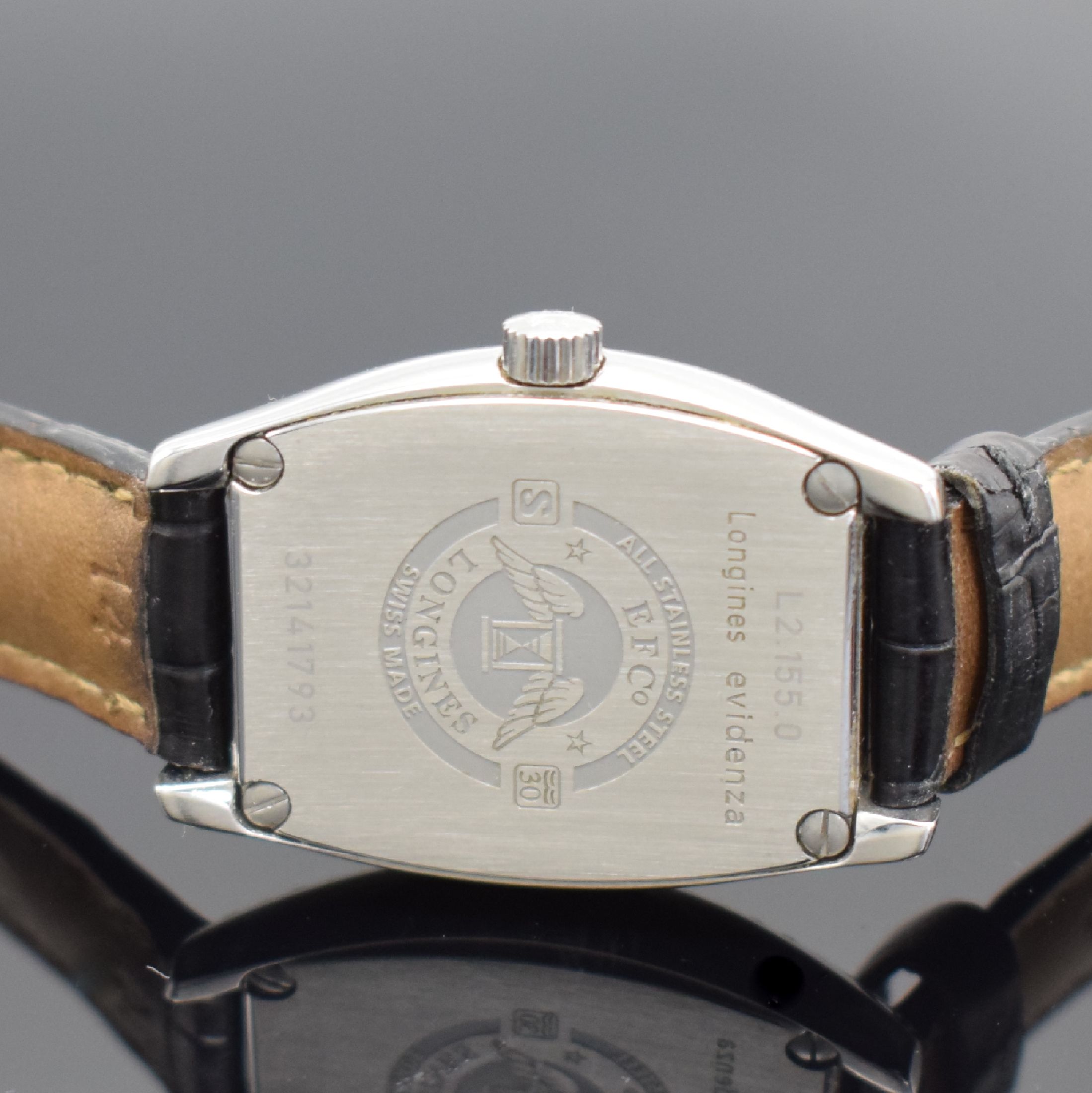 Detail d: LONGINES Damenarmbanduhr Evidenza Referenz L2.155.0.07.2, quarz, tonneauförmiges Edelstahlgeh. inkl. Lederband m. orig. Dornschl., Boden 4-fach ...
