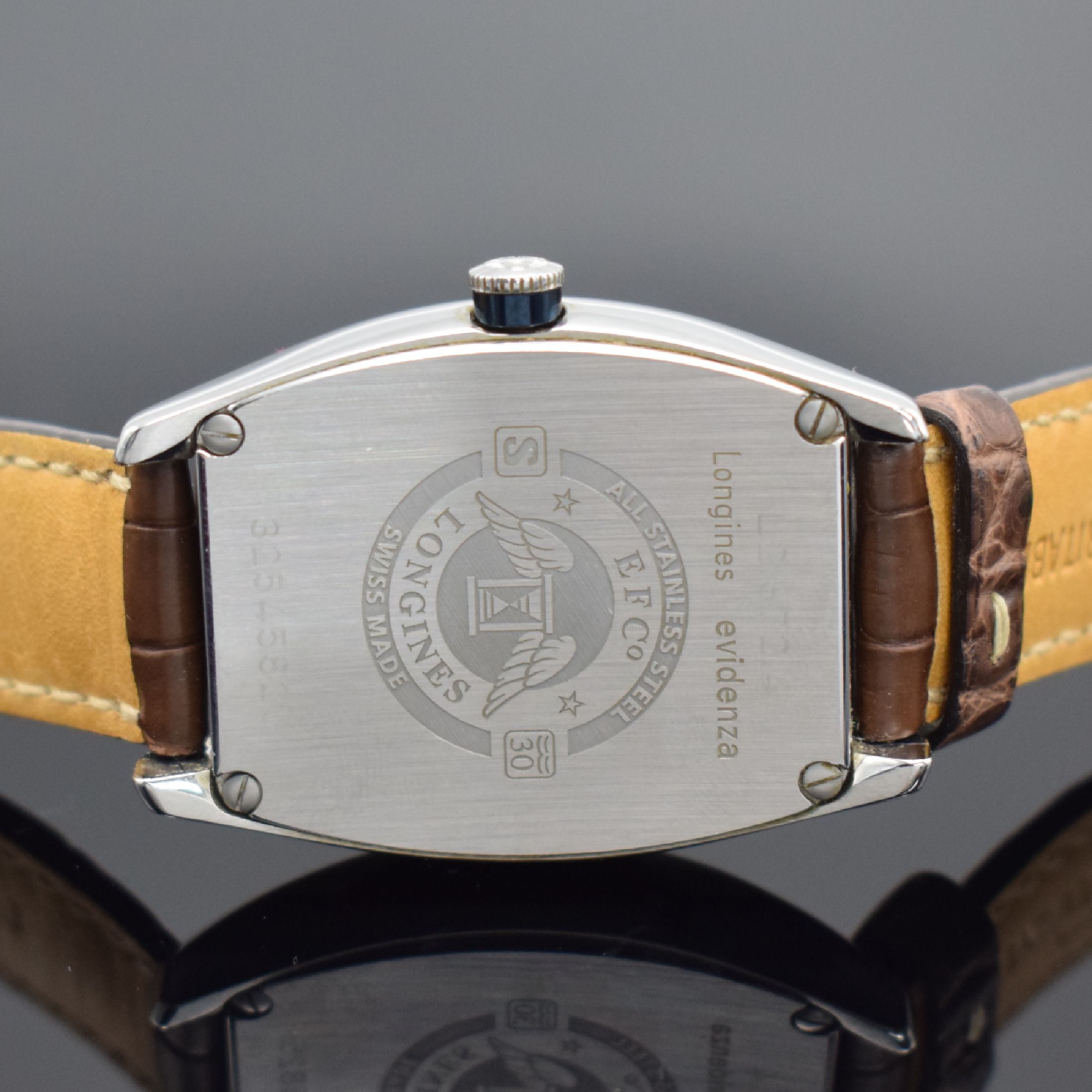 Detail d: LONGINES Armbanduhr Evidenza Power Reserve Referenz L2.672.4, Automatik, Edelstahlgeh. inkl. orig. Lederband m. dopp. Faltschl., Boden 4-fach ...