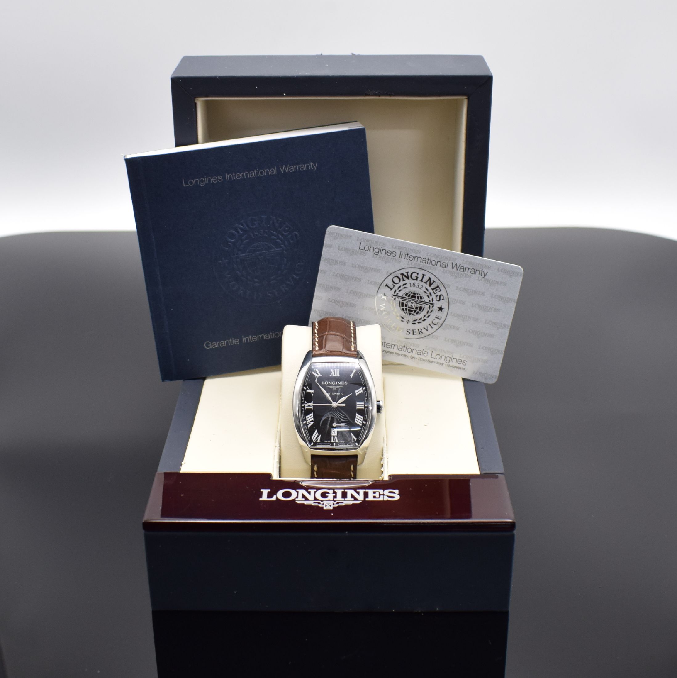 Detail e: LONGINES Armbanduhr Evidenza Power Reserve Referenz L2.672.4, Automatik, Edelstahlgeh. inkl. orig. Lederband m. dopp. Faltschl., Boden 4-fach ...