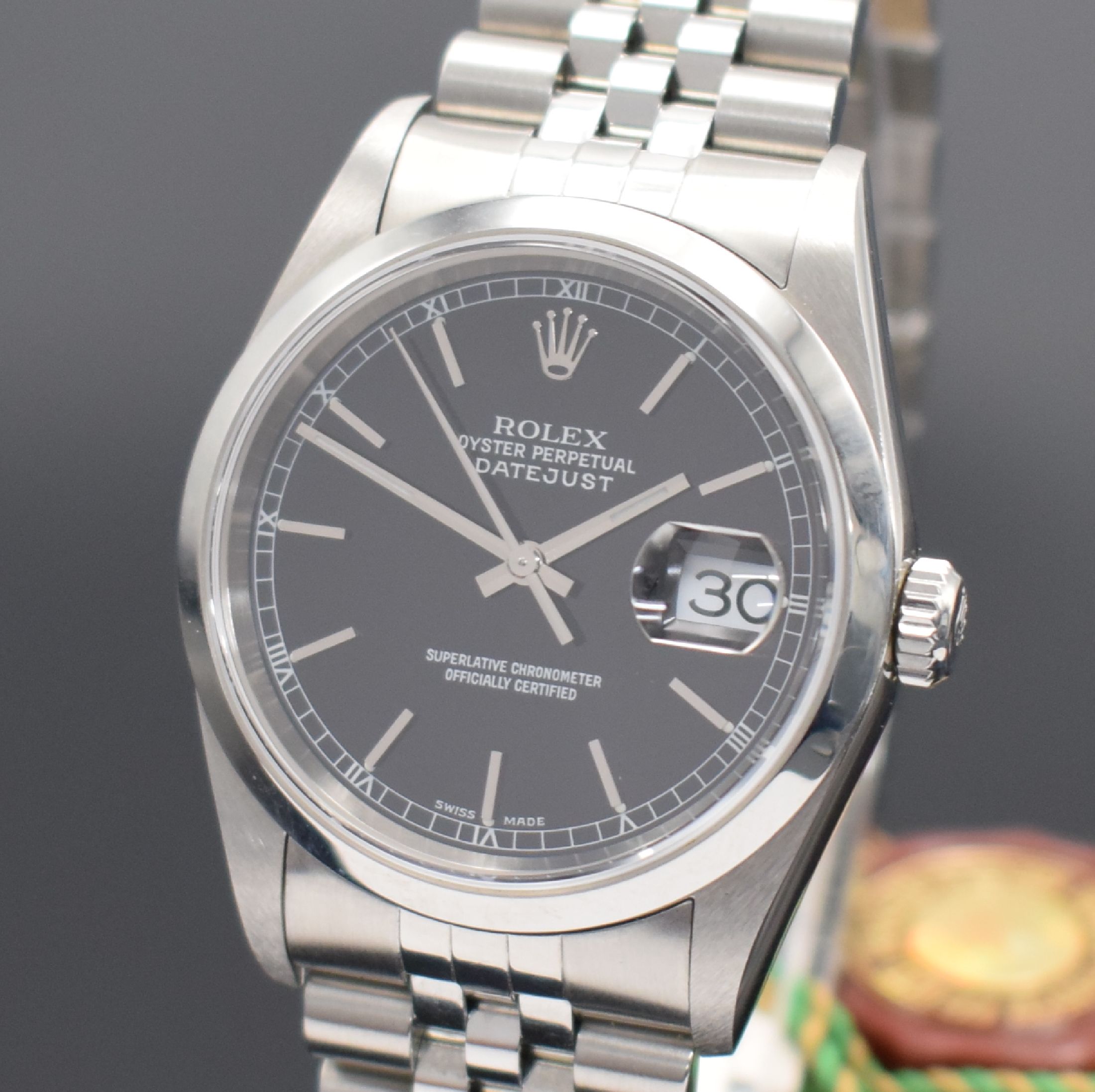 Detail a: ROLEX Armbanduhr Oyster Perpetual Datejust Referenz 16200, Automatik, verschr. Oystergeh. inkl. Jubileeband mit Faltschl., schwarzes Zifferbl. m. ...