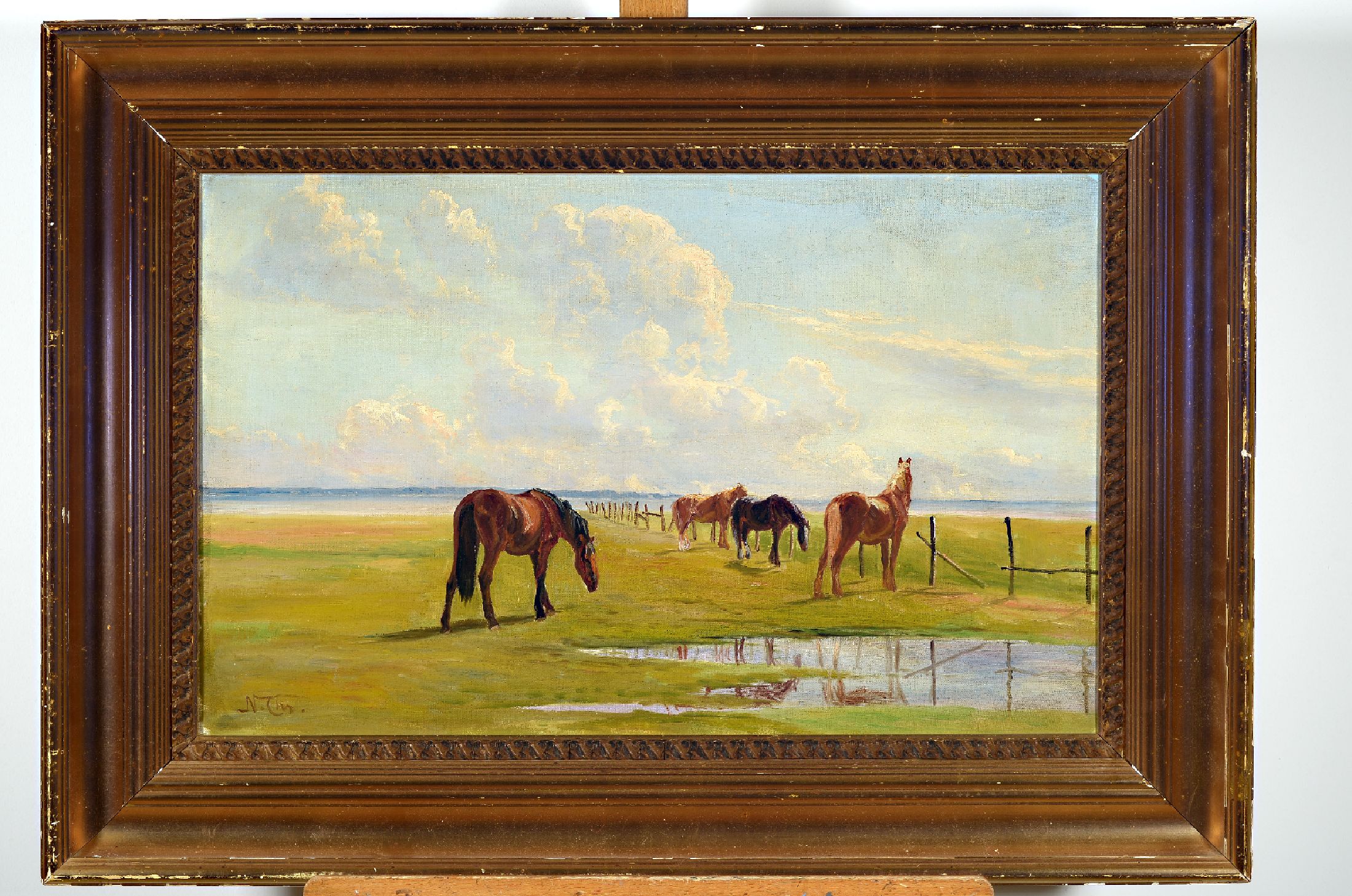Niels Peter Christiansen, 1873-1960, Studium an der Akademie Kopenhagen, weite dänische Landschaft mit 4 Pferden, hintergründig ziehende ...