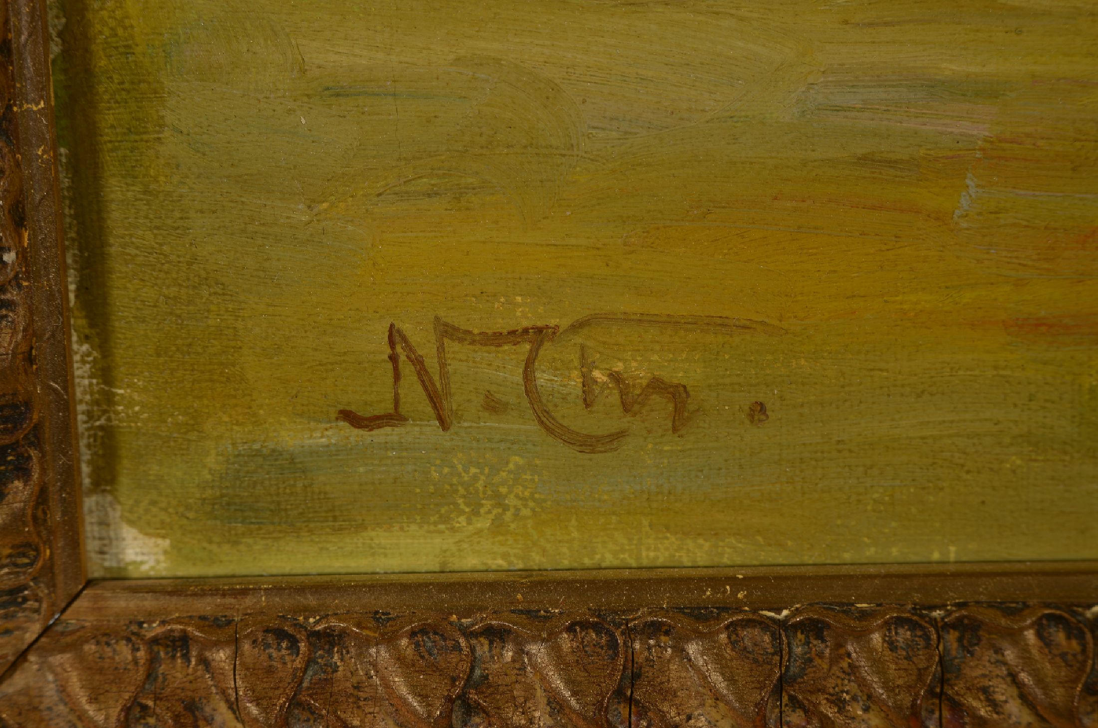 Detail a: Niels Peter Christiansen, 1873-1960, Studium an der Akademie Kopenhagen, weite dänische Landschaft mit 4 Pferden, hintergründig ziehende ...
