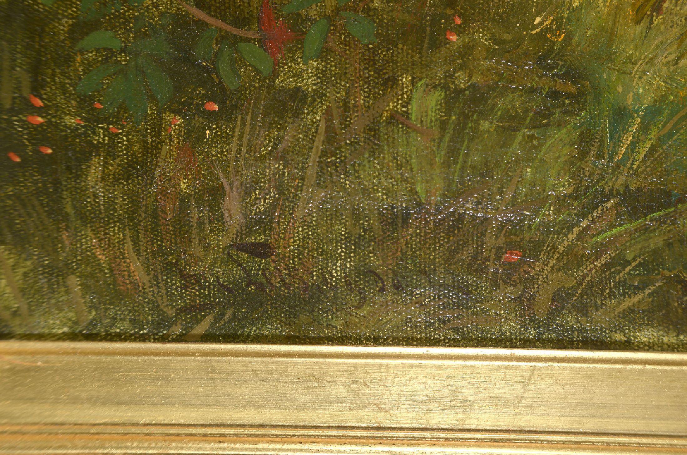 Detail a: Fay Leistern, dänischer Künstler des 20.Jh., Kavaliersszene: Bauernpaar auf Waldweg, links unten signiert und auf Plakette bez., Öl/Lwd, Rahmen ...
