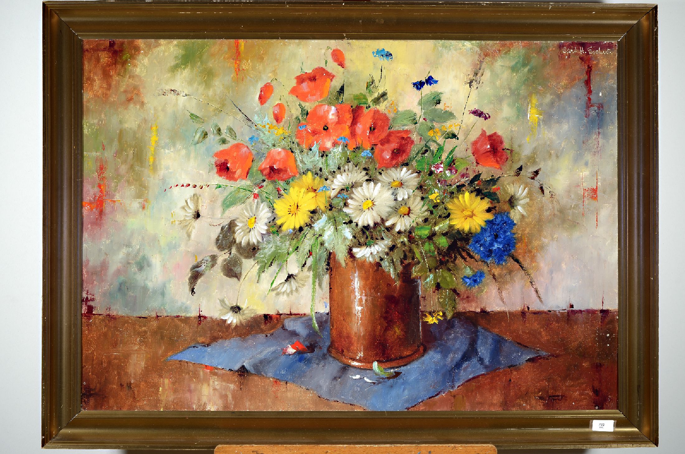 Carl Holger Fischer, 1898-1955 dänisch, Blumenstillleben mit bunten Sommerblumen, rechts oben signiert, Öl/Lwd, Rahmen, 80x103 cm
