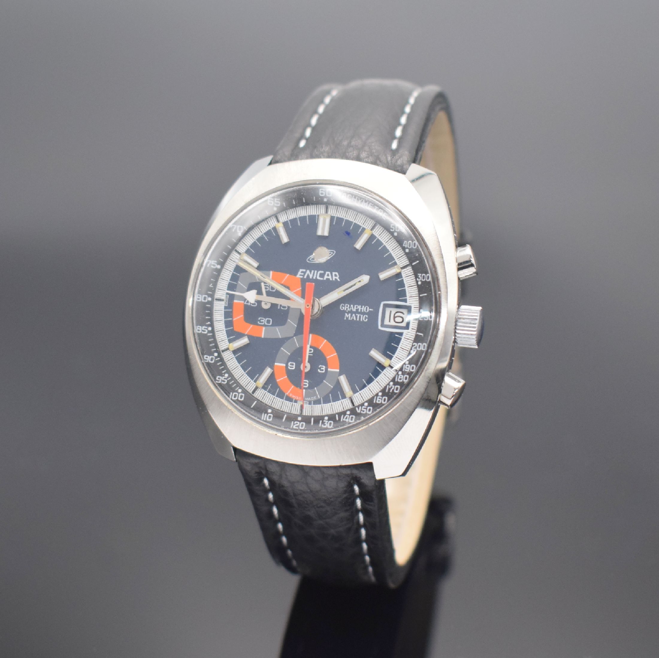 ENICAR Grapho-Matic Herrenarmbanduhr mit Chronograph in Stahl, Schweiz 1970er Jahre, Automatik, Boden verschr., blaues Zifferbl. m. aufges. ...