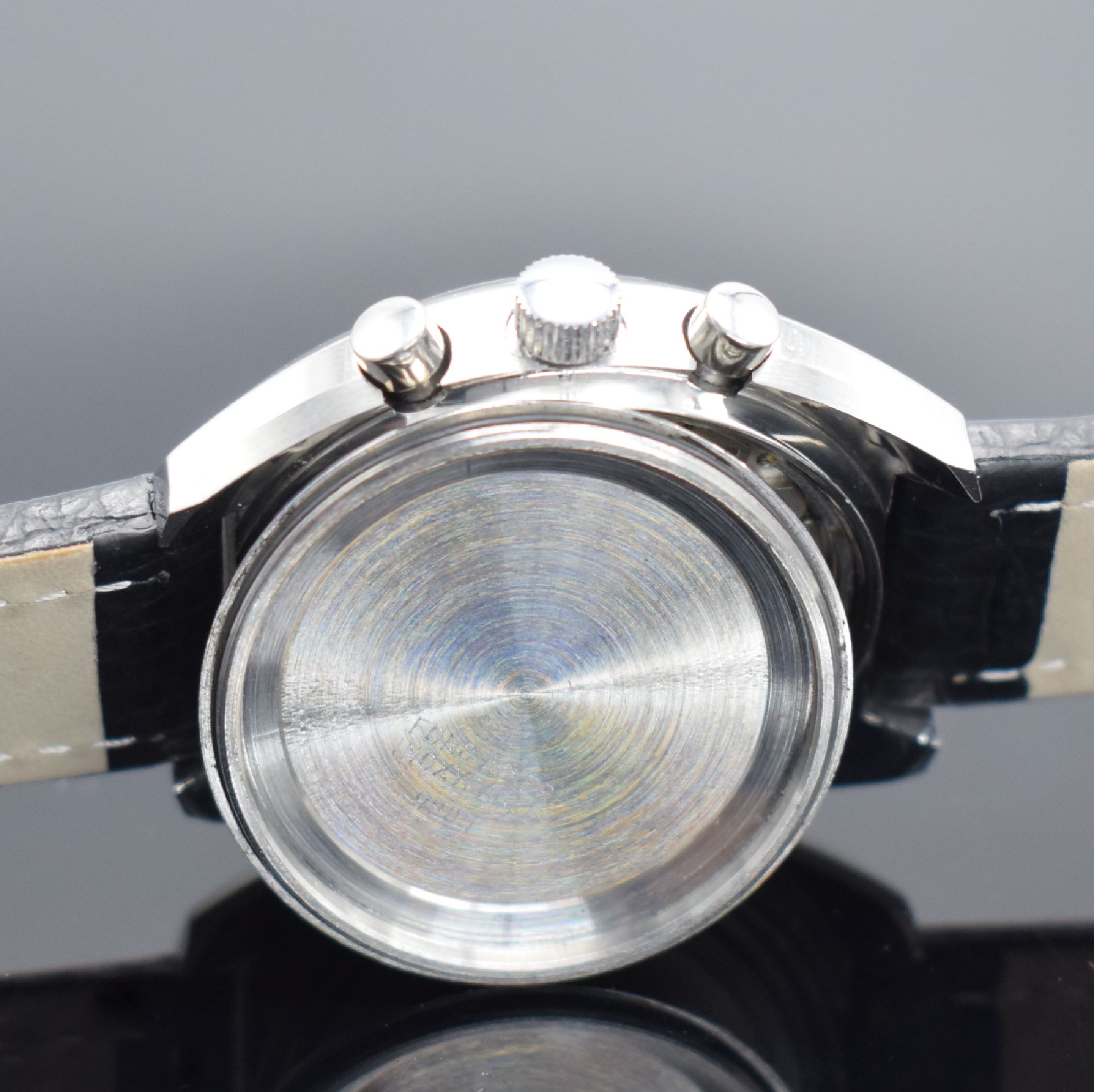 Detail f: ENICAR Grapho-Matic Herrenarmbanduhr mit Chronograph in Stahl, Schweiz 1970er Jahre, Automatik, Boden verschr., blaues Zifferbl. m. aufges. ...