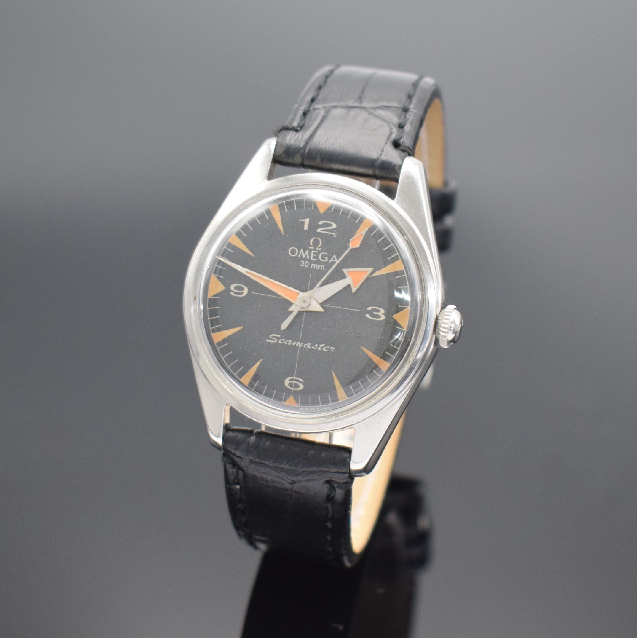 OMEGA Herrenarmbanduhr Seamaster Referenz 2990 1SC, Handaufzug, Schweiz um 1960, Edelstahlgeh., Boden aufgedr., Zifferblatt m. Fadenkreuz rest./ers., ...