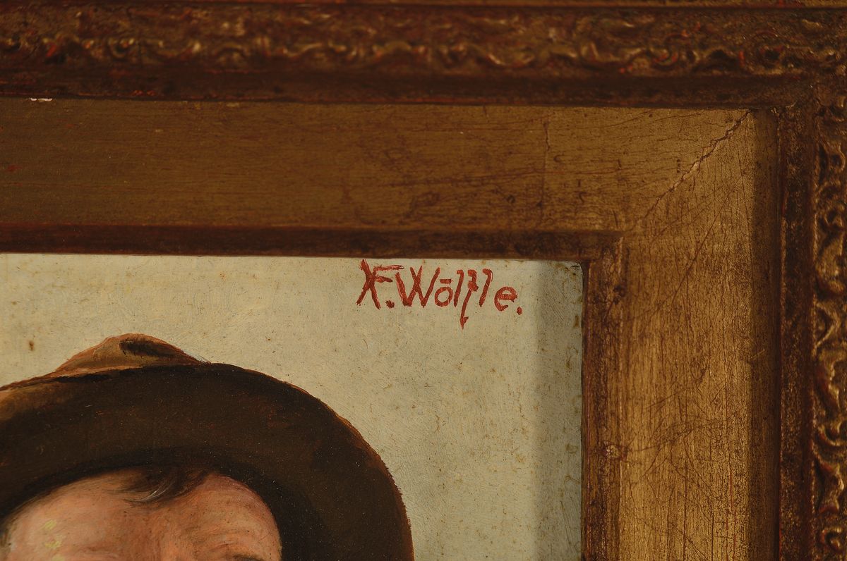 Detail a: Franz Xaver Wölfle, 1887-1972, Charakterporträt, Bauer in Tracht mit Bierhumpen, rechts oben signiert, Öl/Holz, Rahmen, 36x33 cm