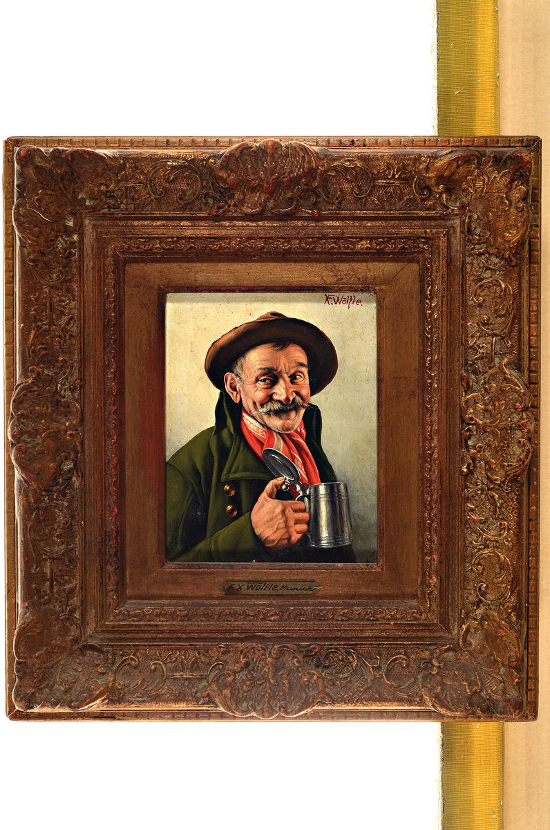 Detail k: Franz Xaver Wölfle, 1887-1972, Charakterporträt, Bauer in Tracht mit Bierhumpen, rechts oben signiert, Öl/Holz, Rahmen, 36x33 cm