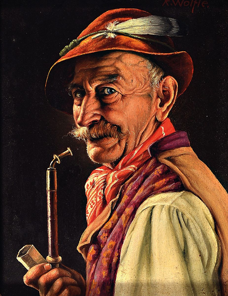 Franz Xaver Wölfle, 1887-1972, Charakterporträt, Bauer mit Pfeife, rechts oben signiert, Öl/Holz, Rahmen,37x33 cm