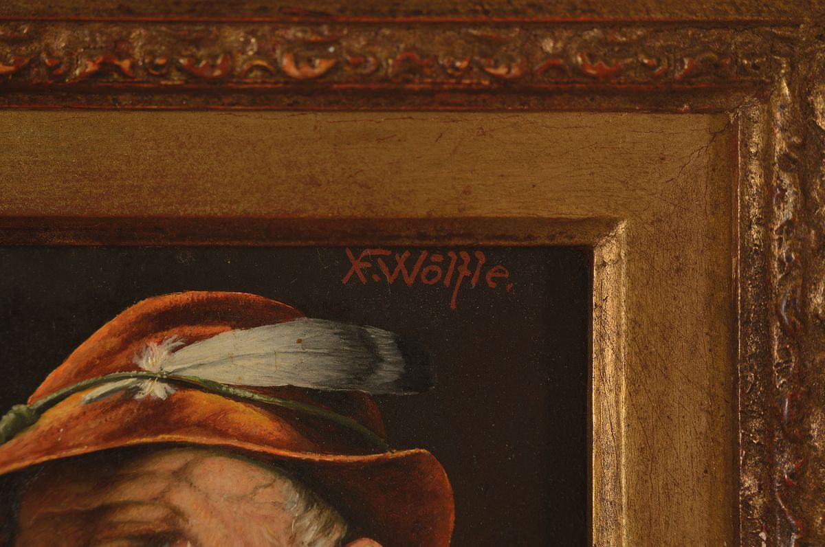 Detail a: Franz Xaver Wölfle, 1887-1972, Charakterporträt, Bauer mit Pfeife, rechts oben signiert, Öl/Holz, Rahmen,37x33 cm