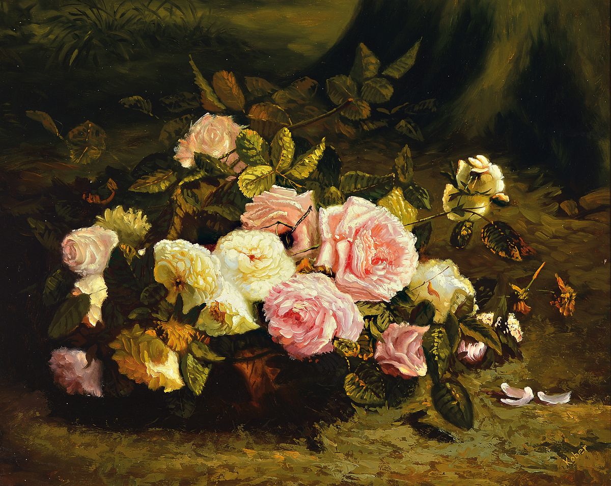Kober, Künstler des 20.Jh., üppiger Rosenkorb, rechts unten signiert, Öl/Holz, Rahmen, 57x69 cm