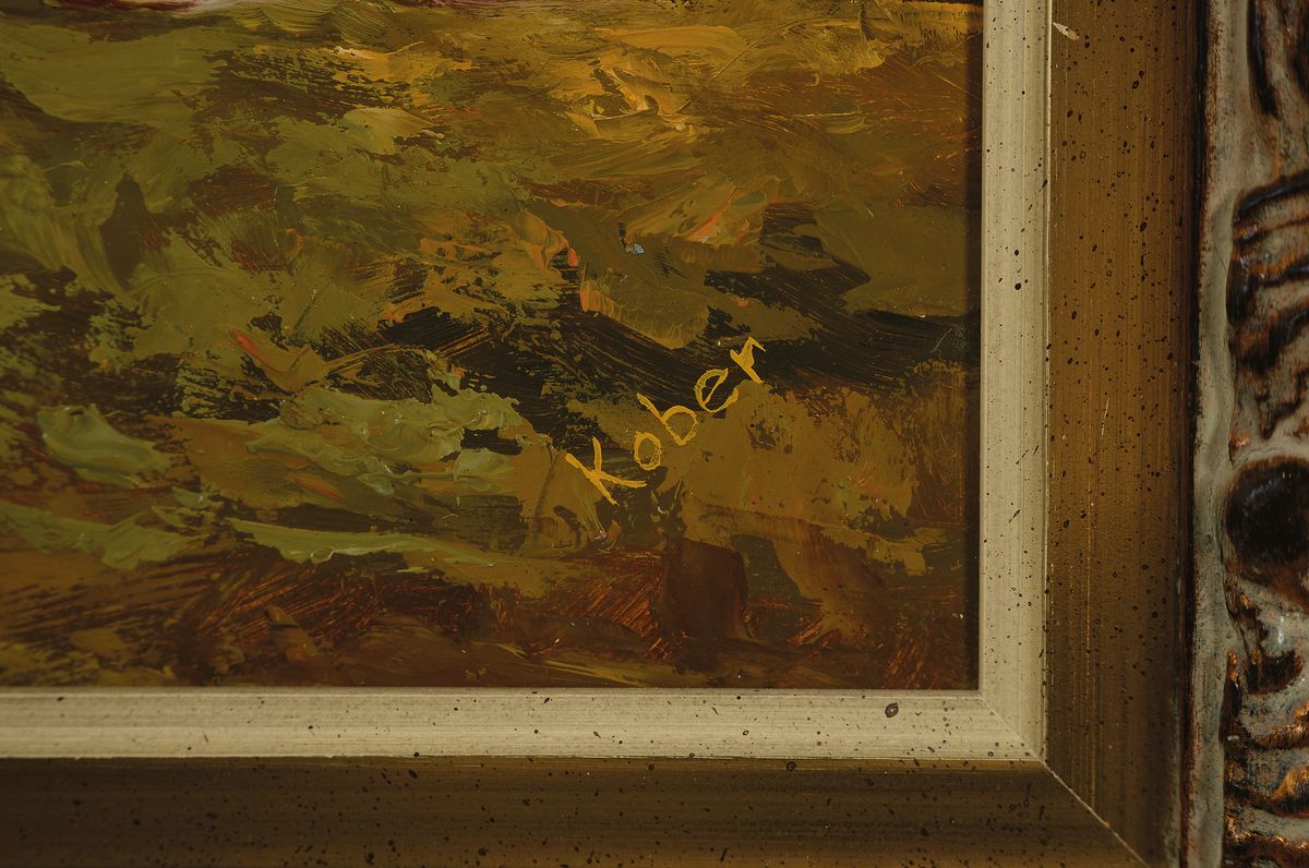 Detail a: Kober, Künstler des 20.Jh., üppiger Rosenkorb, rechts unten signiert, Öl/Holz, Rahmen, 57x69 cm