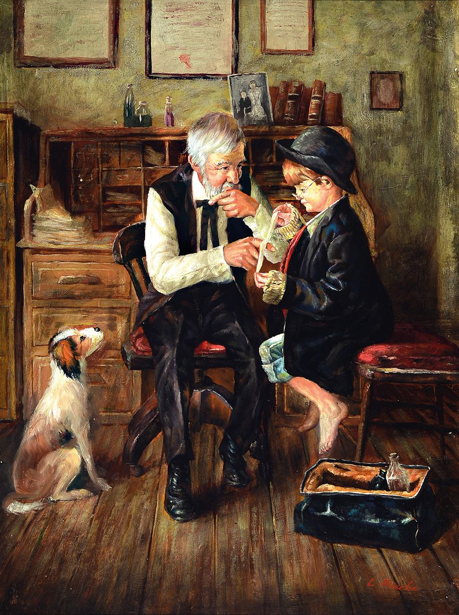 Ludwig Mucke, Künstler des 20.Jh., Genreszene, Großvater mit seinem Enkel in der Werkstatt, links unten signiert, Öl/Holz, Rahmen, 58x48 cm