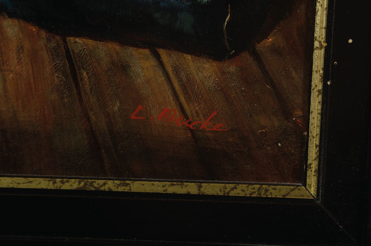 Detail a: Ludwig Mucke, Künstler des 20.Jh., Genreszene, Großvater mit seinem Enkel in der Werkstatt, links unten signiert, Öl/Holz, Rahmen, 58x48 cm