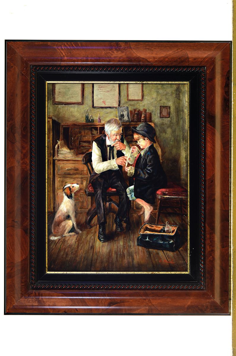 Detail k: Ludwig Mucke, Künstler des 20.Jh., Genreszene, Großvater mit seinem Enkel in der Werkstatt, links unten signiert, Öl/Holz, Rahmen, 58x48 cm
