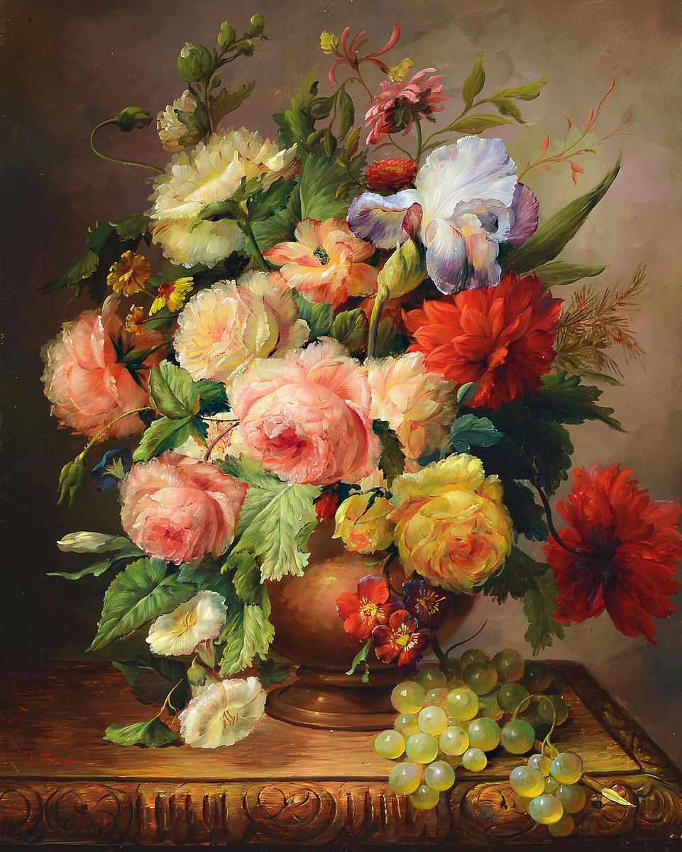 J. Merz, Künstler des 20.Jh., reiches Blumenstillleben mit Pfingstrosen und Trauben, links unten signiert, Öl/Holz, Rahmen, 70x58 cm