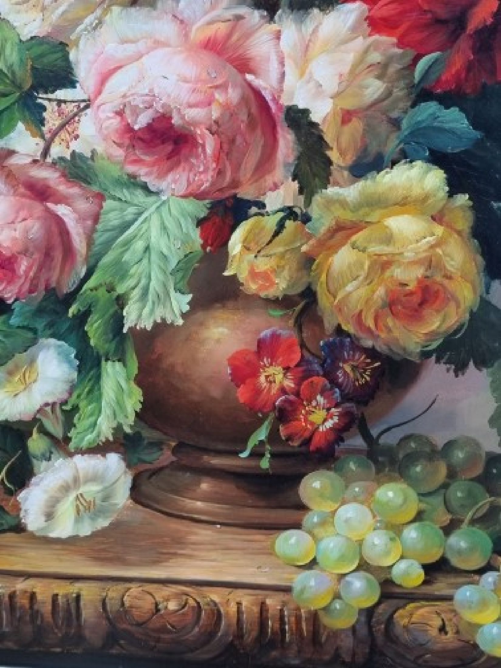 Detail e: J. Merz, Künstler des 20.Jh., reiches Blumenstillleben mit Pfingstrosen und Trauben, links unten signiert, Öl/Holz, Rahmen, 70x58 cm