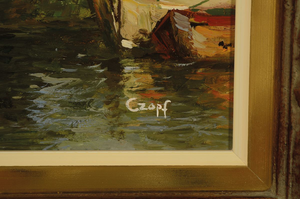 Detail a: Carl Zopf, 1858 Neuruppin-1944 München, Blick auf den Hafen einer nordeuropäischen Stadt, rechts unten signiert, Öl/Holz, Rahmen, 47x57 cm